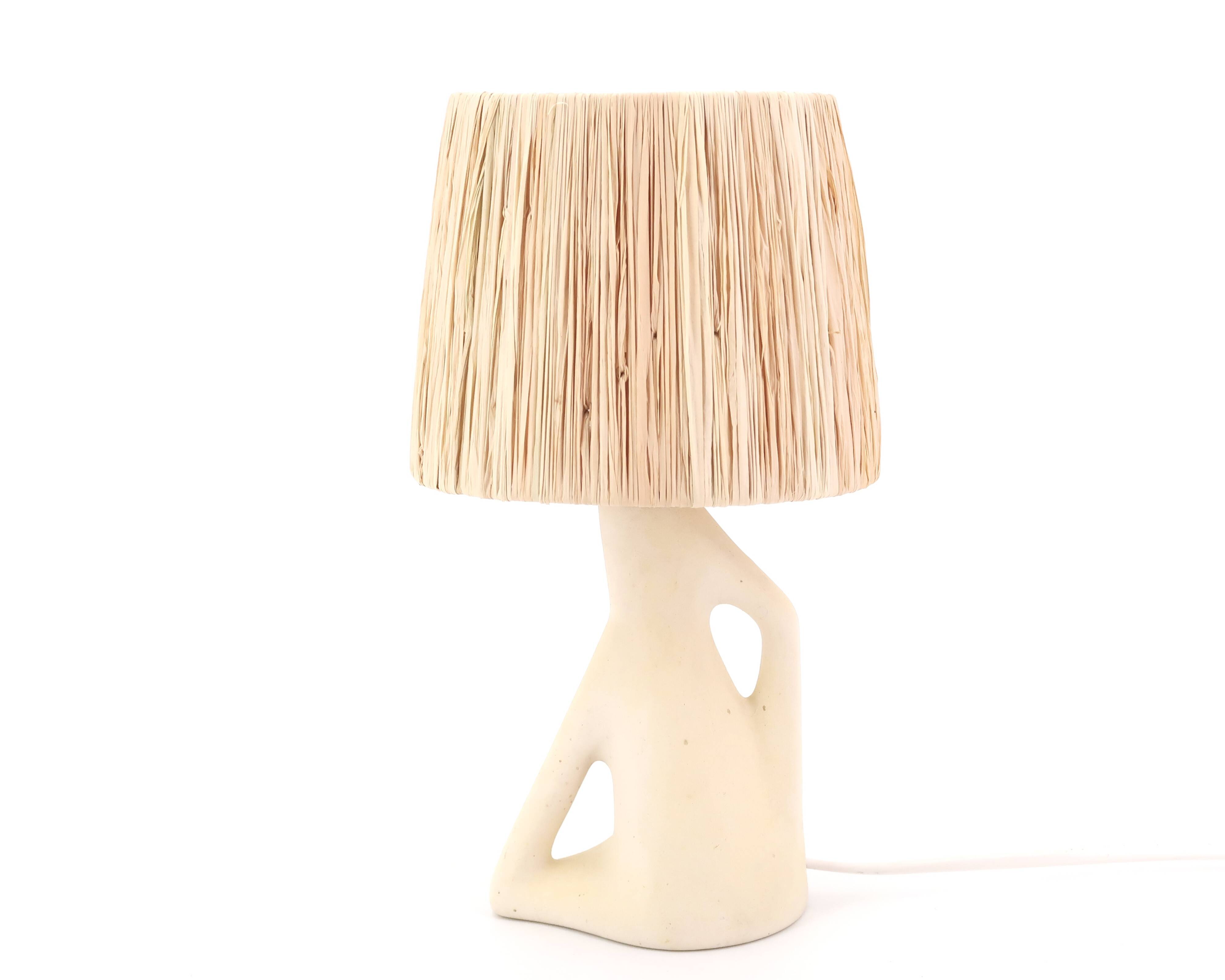 White ceramic lamp, raffia lampshade, 1950s