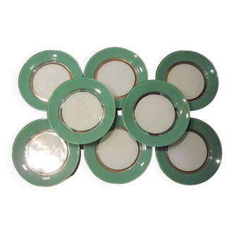 8 small vintage green and white duralex plates