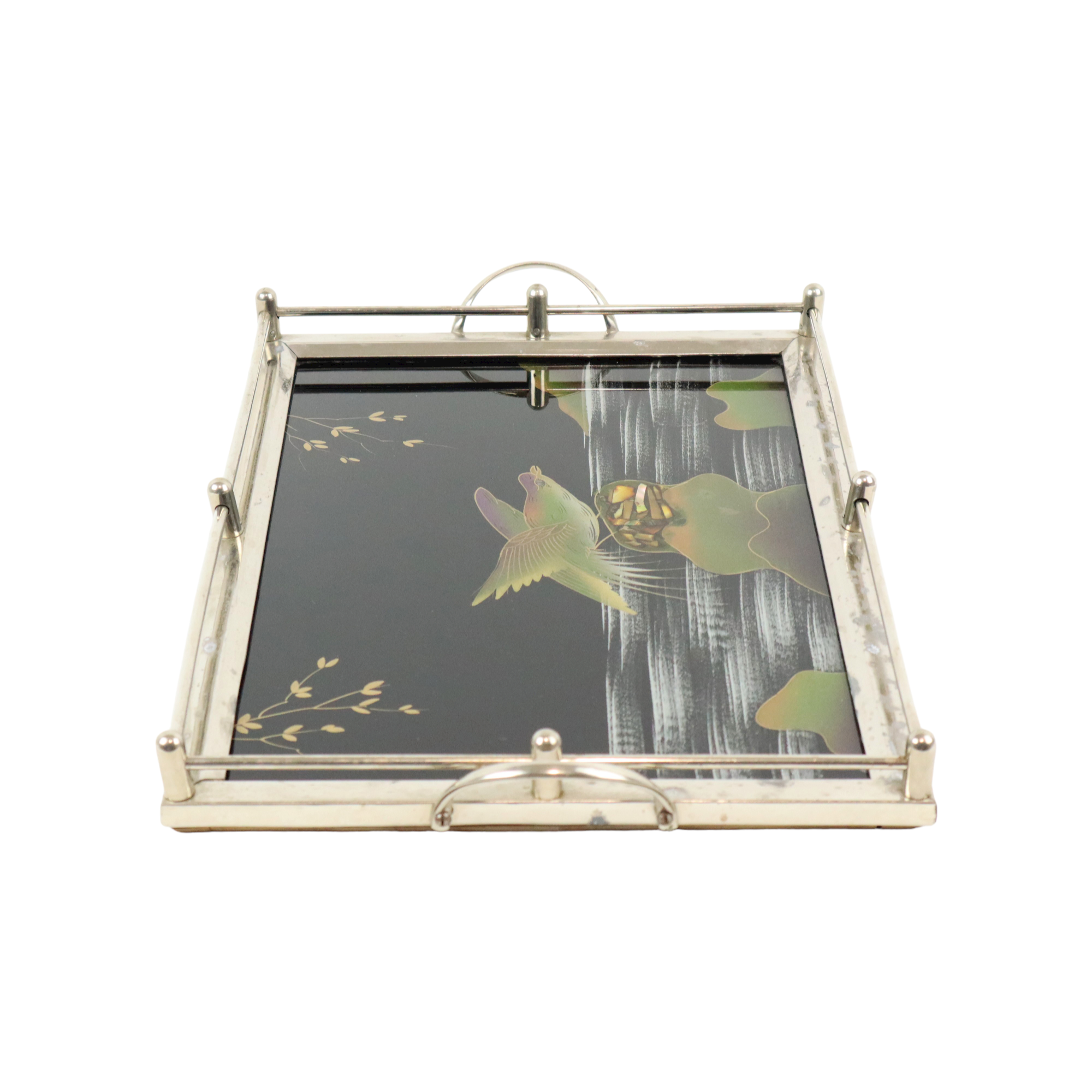 Vintage tray birds black glass chrome 1950s-60s plateau 40x26cm
