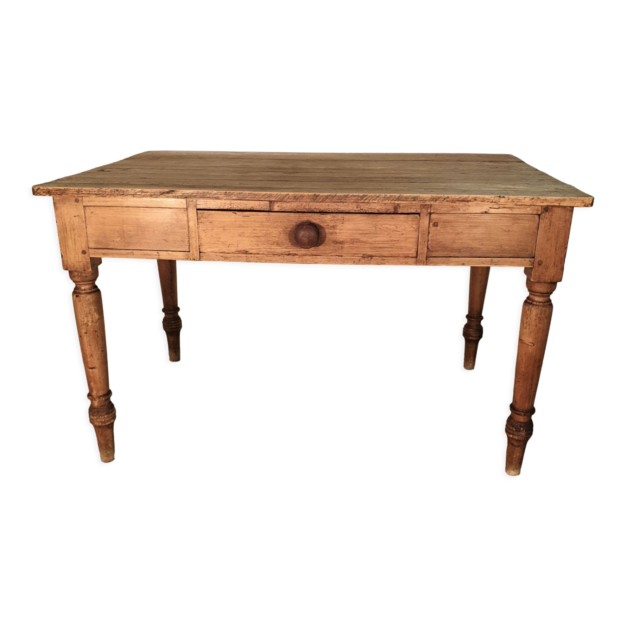 Old solid wood farmhouse table pitchpin turned legs 1 drawer