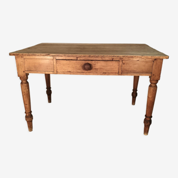 Ancienne table de ferme en bois massif pitchpin pieds tournés 1 tiroir
