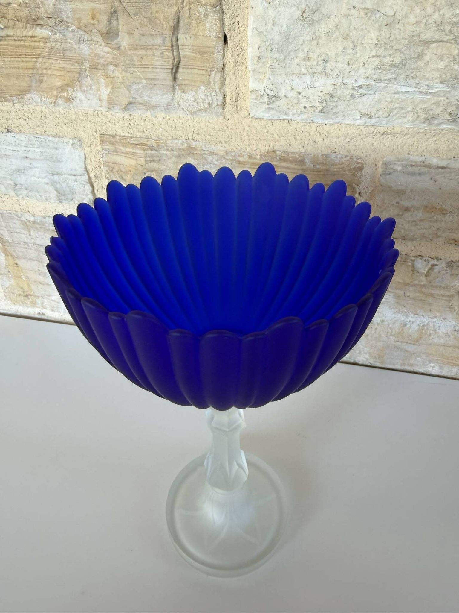 Large vintage Art Deco footed bowl – cobalt blue & frosted glass