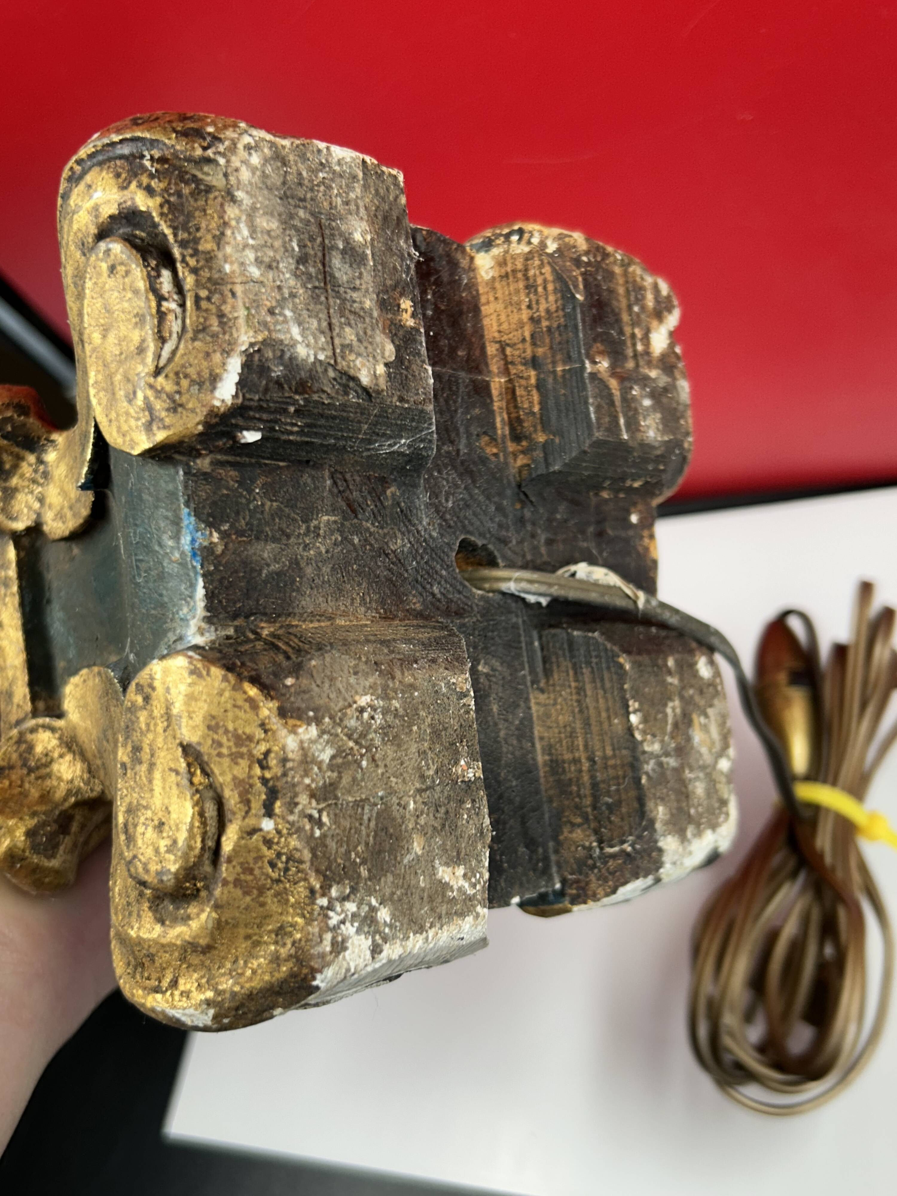 Large antique green and gold wooden lamp base, 66 cm high from the socket.