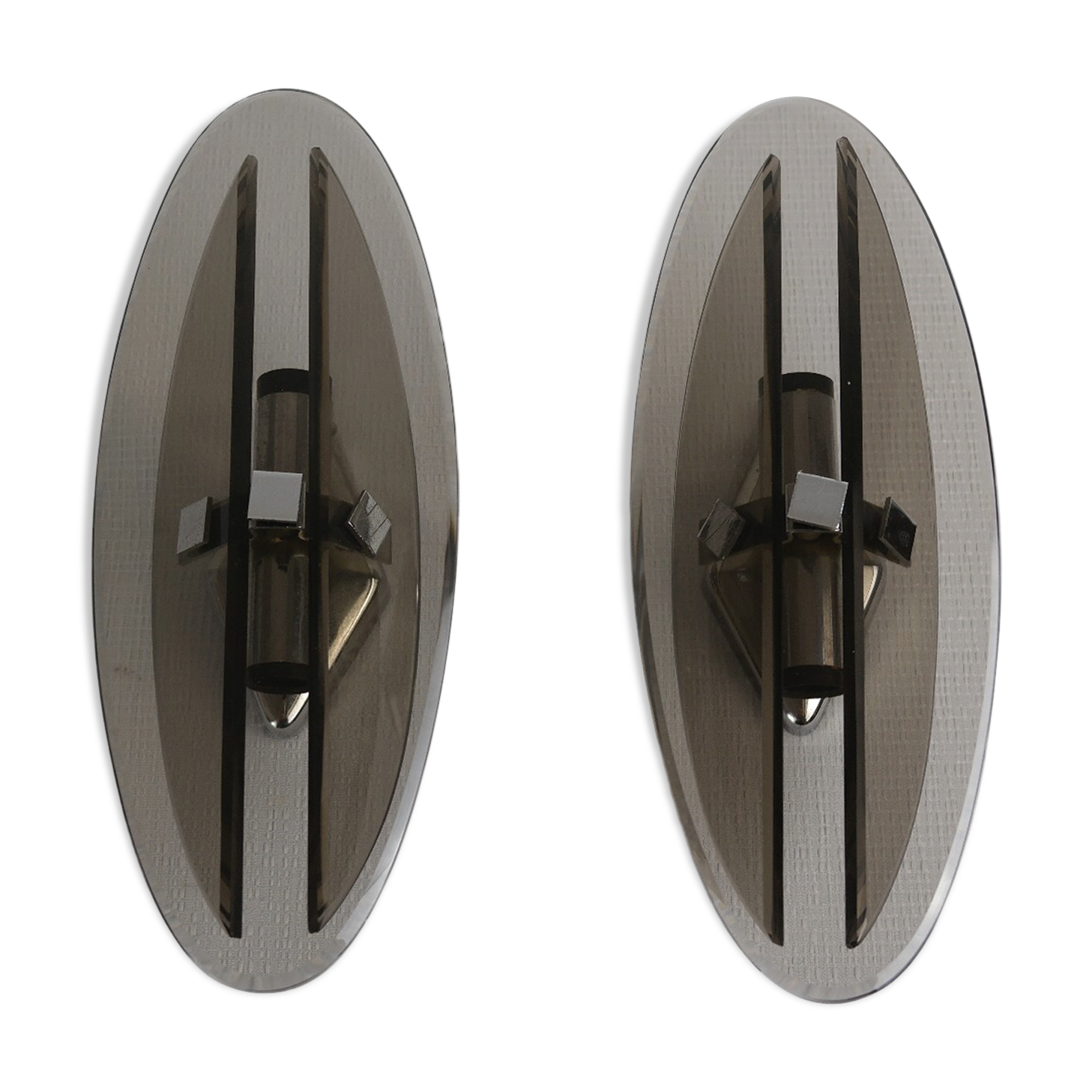 Pair of smoked glass and vintage chrome wall lamps