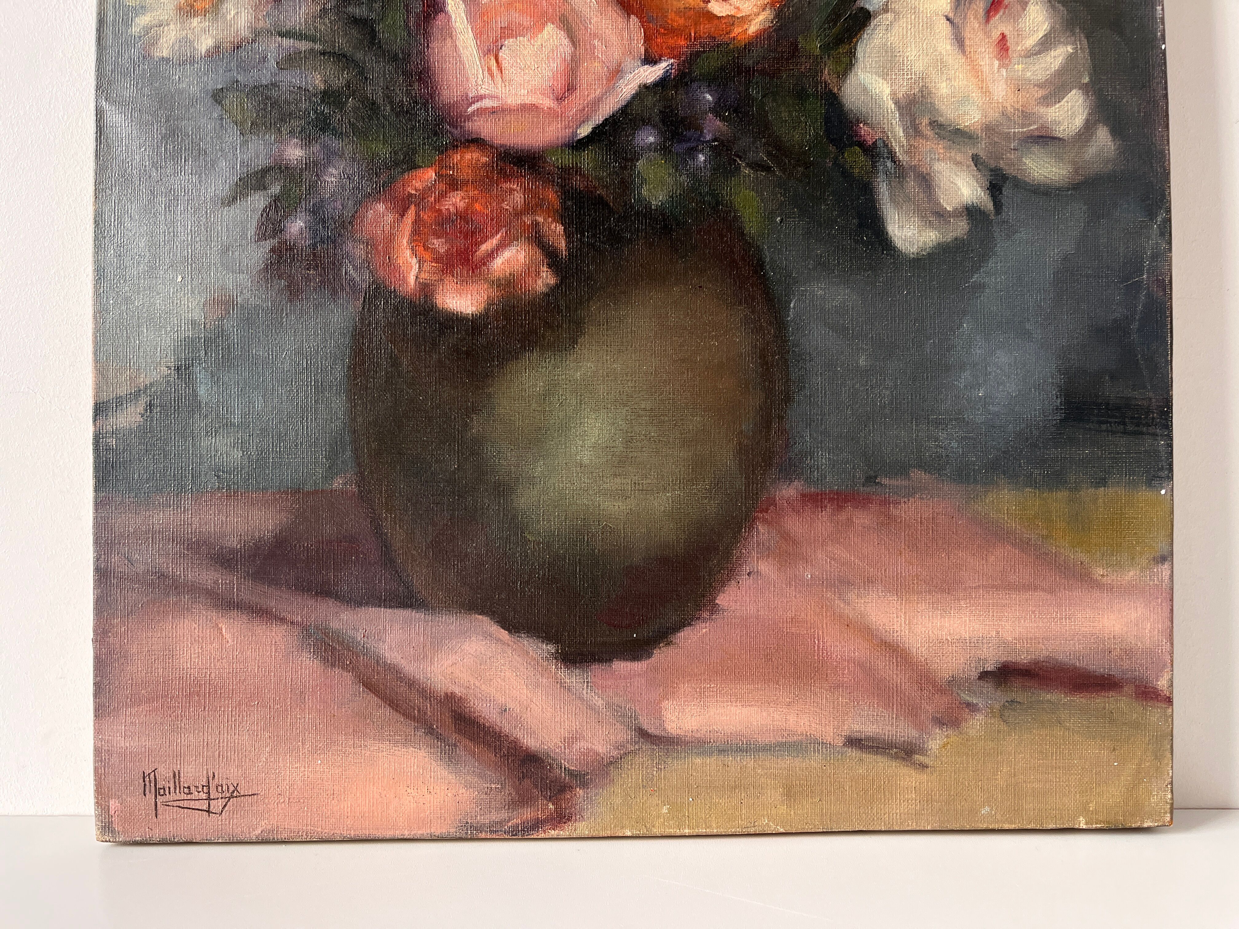 Nature morte à l'huile sur toile "le bouquet de roses" 1930, tableau ancien