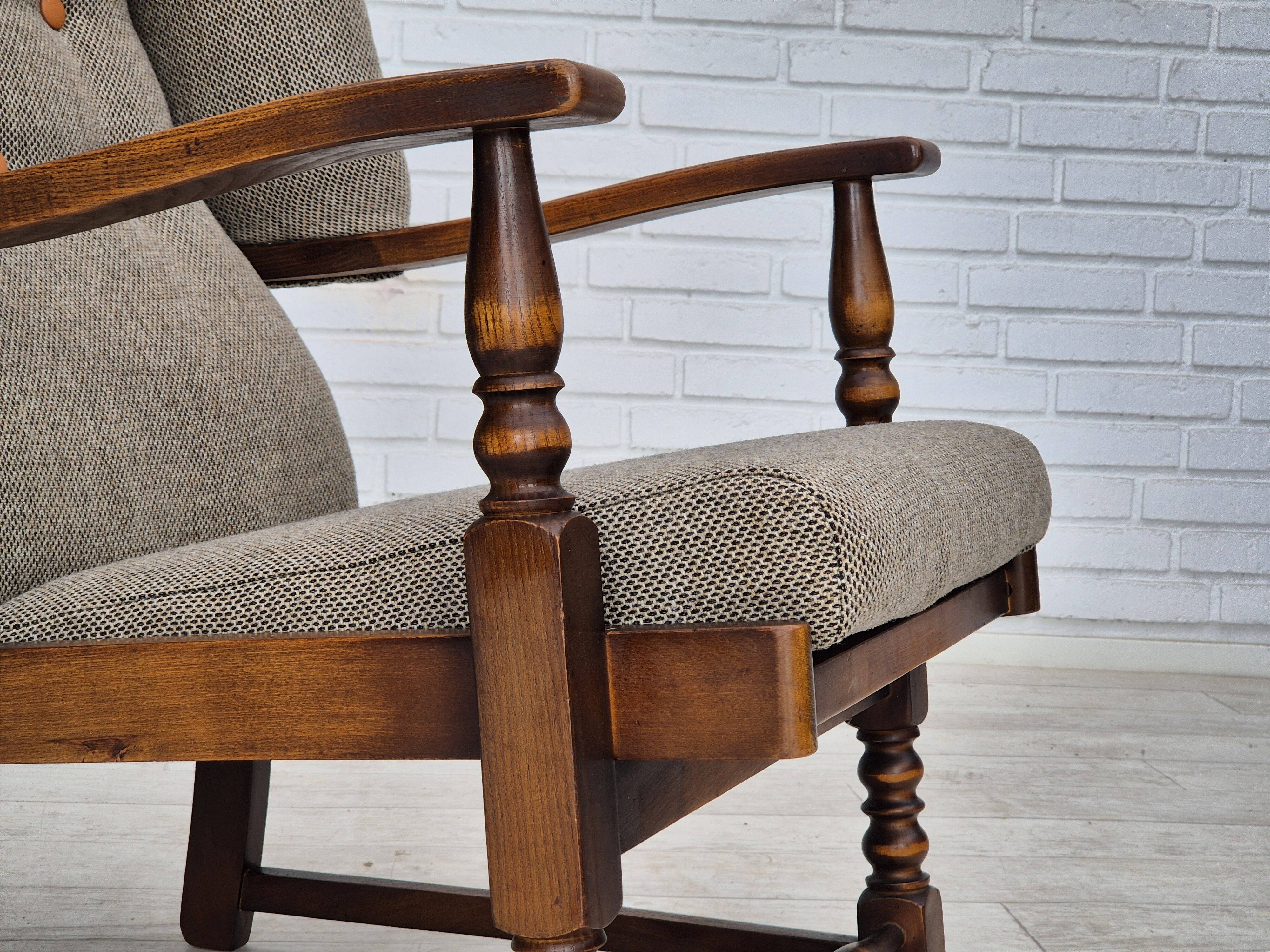 1960s, Scandinavian design, reupholstered high-back armchair, furniture wool, oak wood.