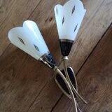 Double sconce in brass and tempered patterned glass 50s