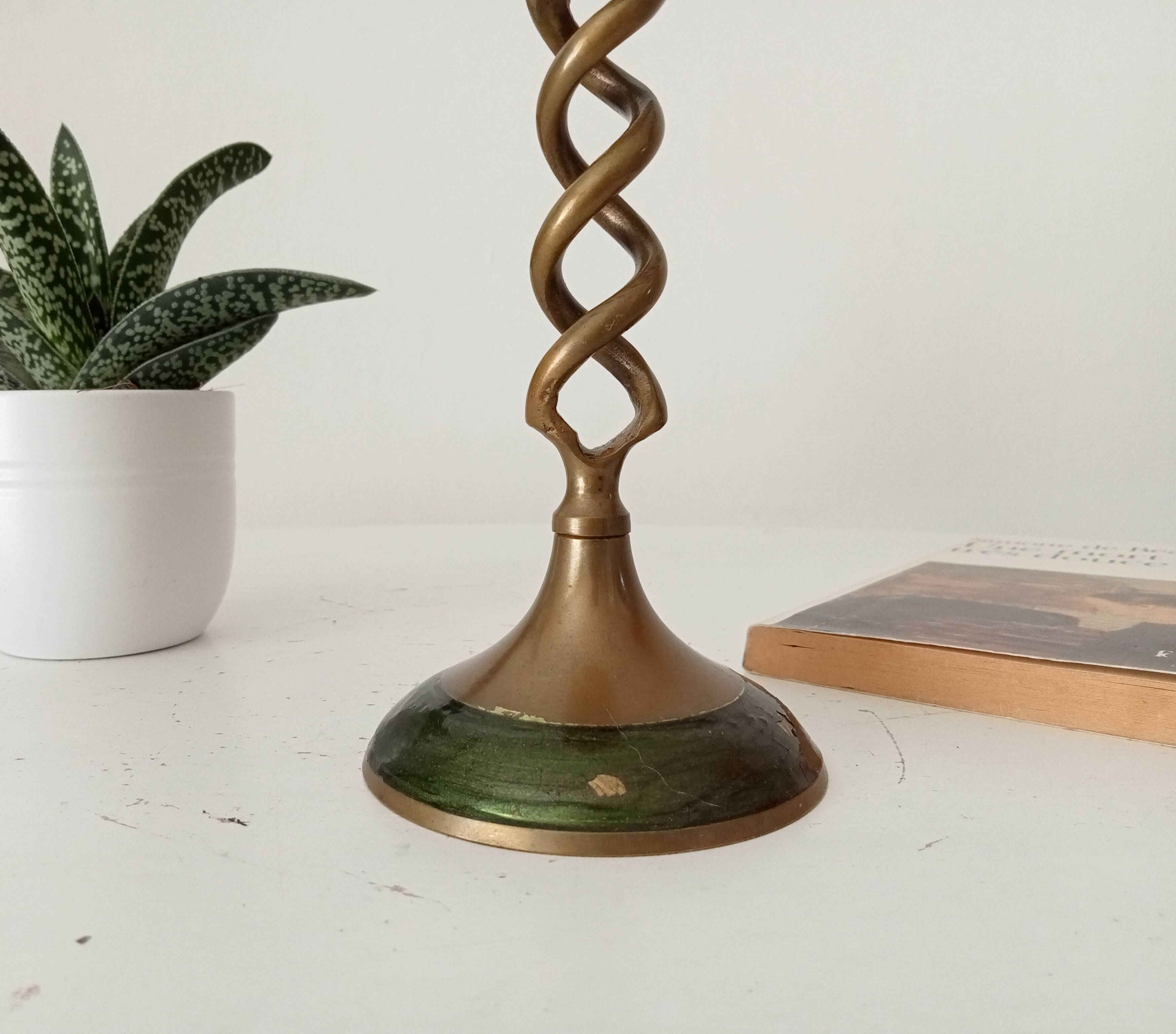 Twisted vintage candlestick in enamelled solid brass