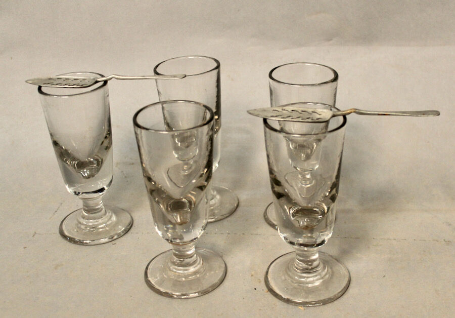 Set Of 5 Glasses with Old Absinthe And 2 Spoons with Absinthe