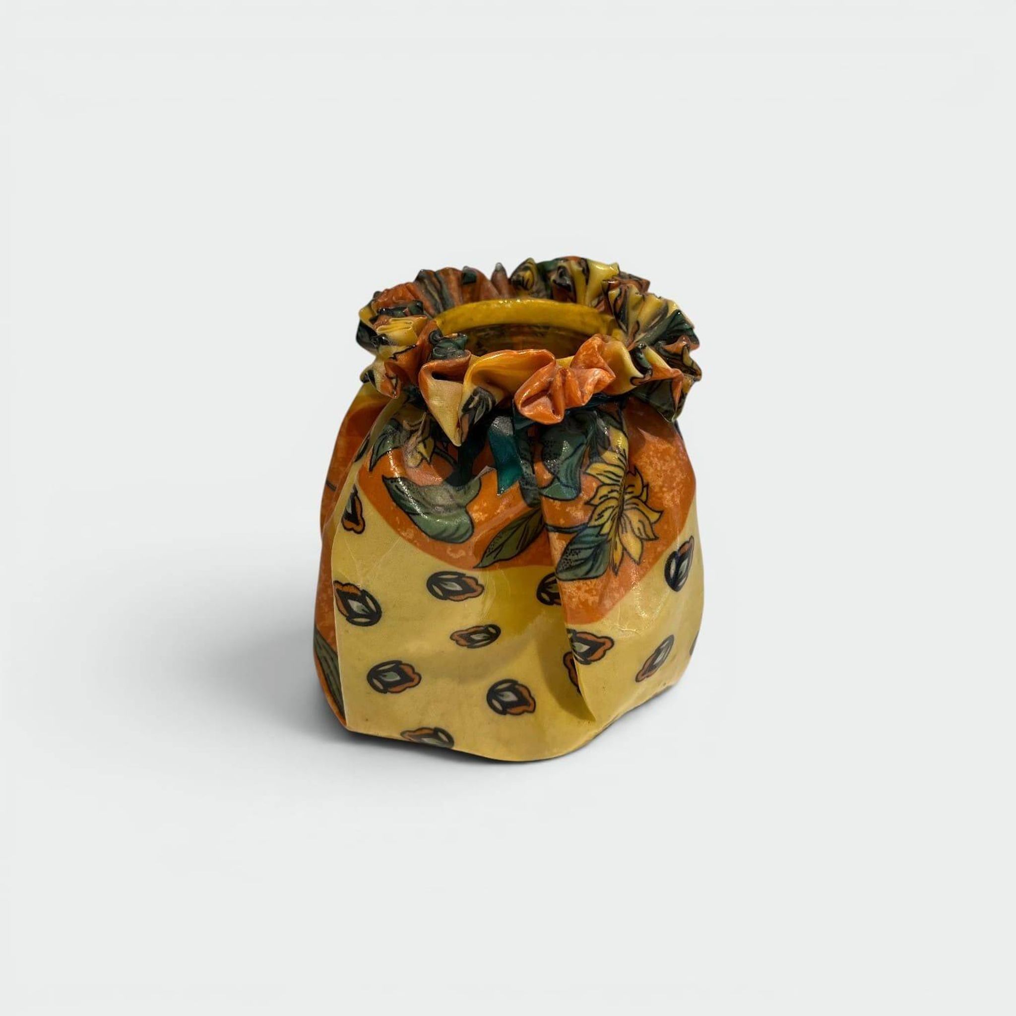 Trompe-l'Œil Ceramic Vase in the Shape of a Knotted Bag with Floral Decoration. Work