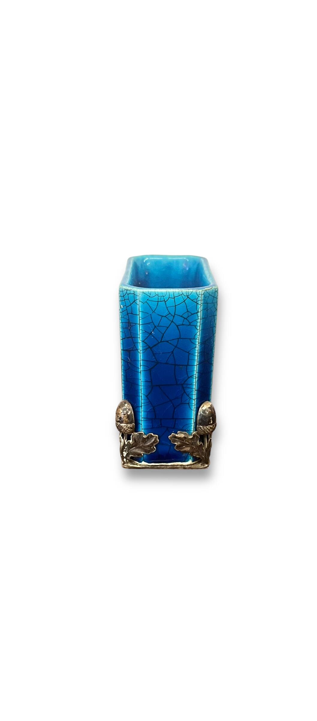 Miniature blue ceramic vase tassel pattern