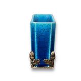 Miniature blue ceramic vase tassel pattern