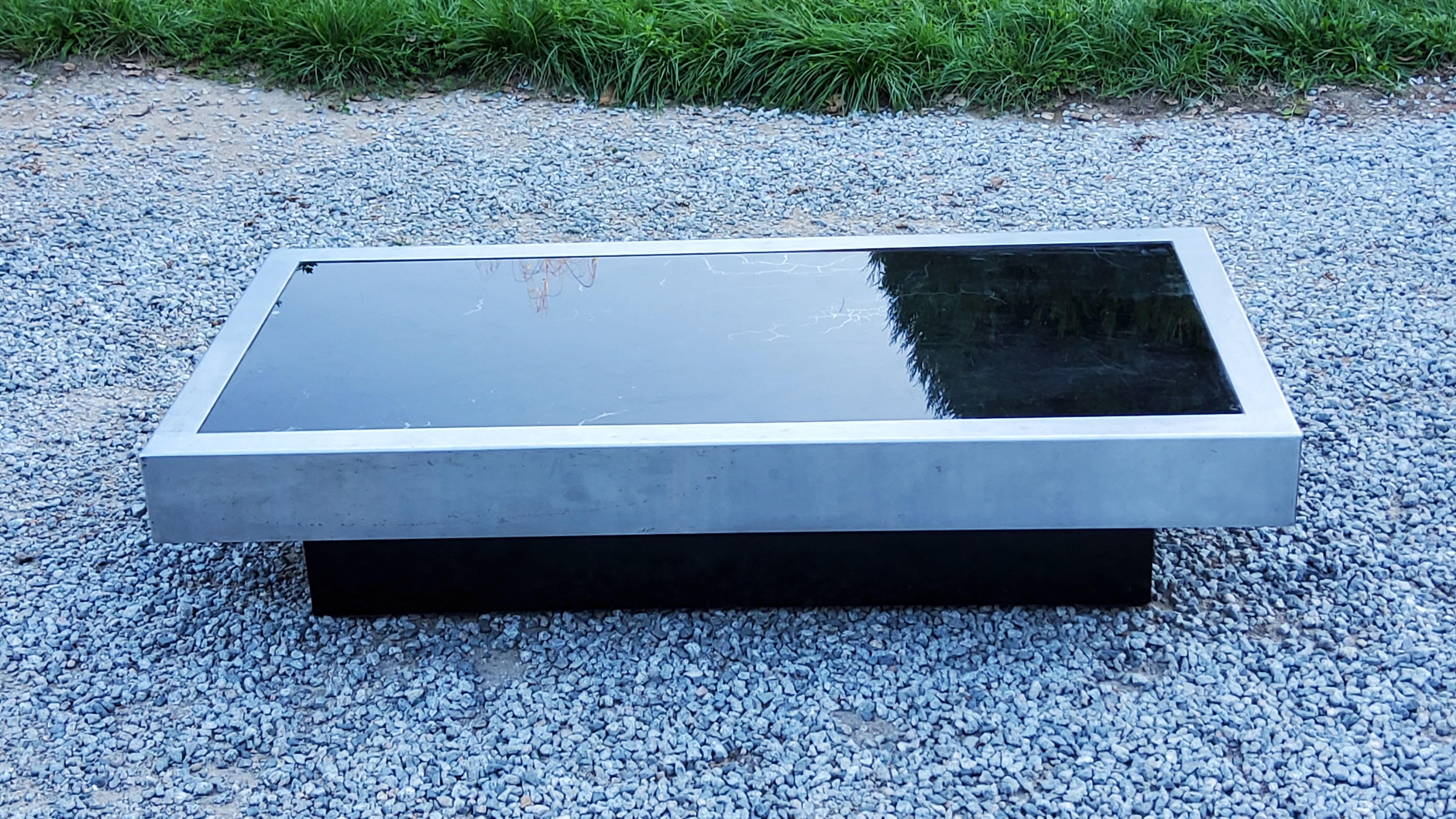 Coffee table in brushed steel and black tinted glass from the 70s