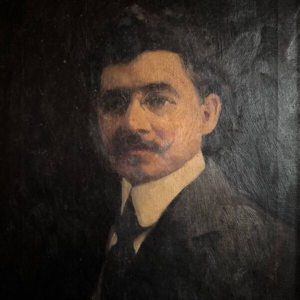 Huile sur toile portrait d'homme portant lunettes et moustache début XXe