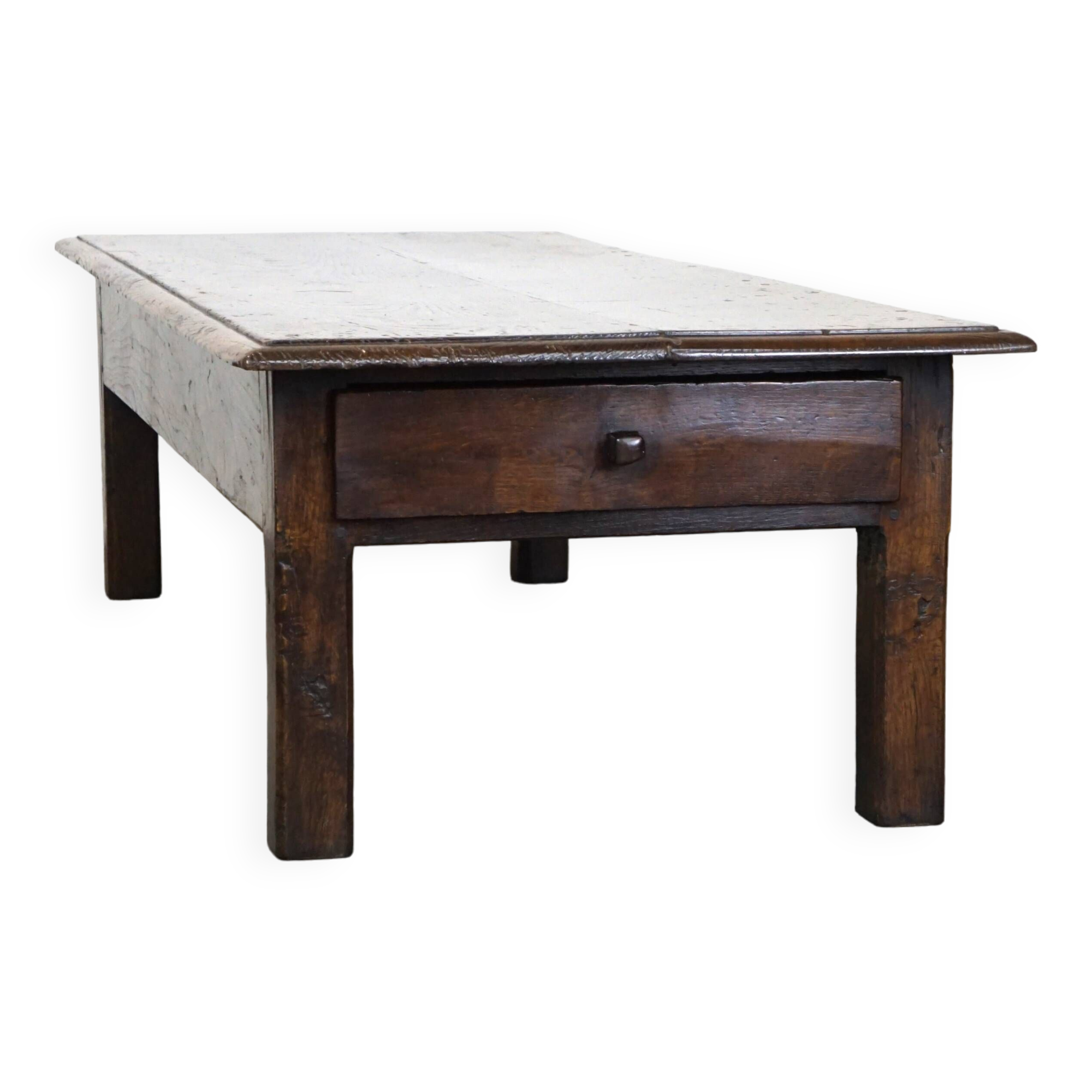 Large antique dark oak coffee table with one drawer