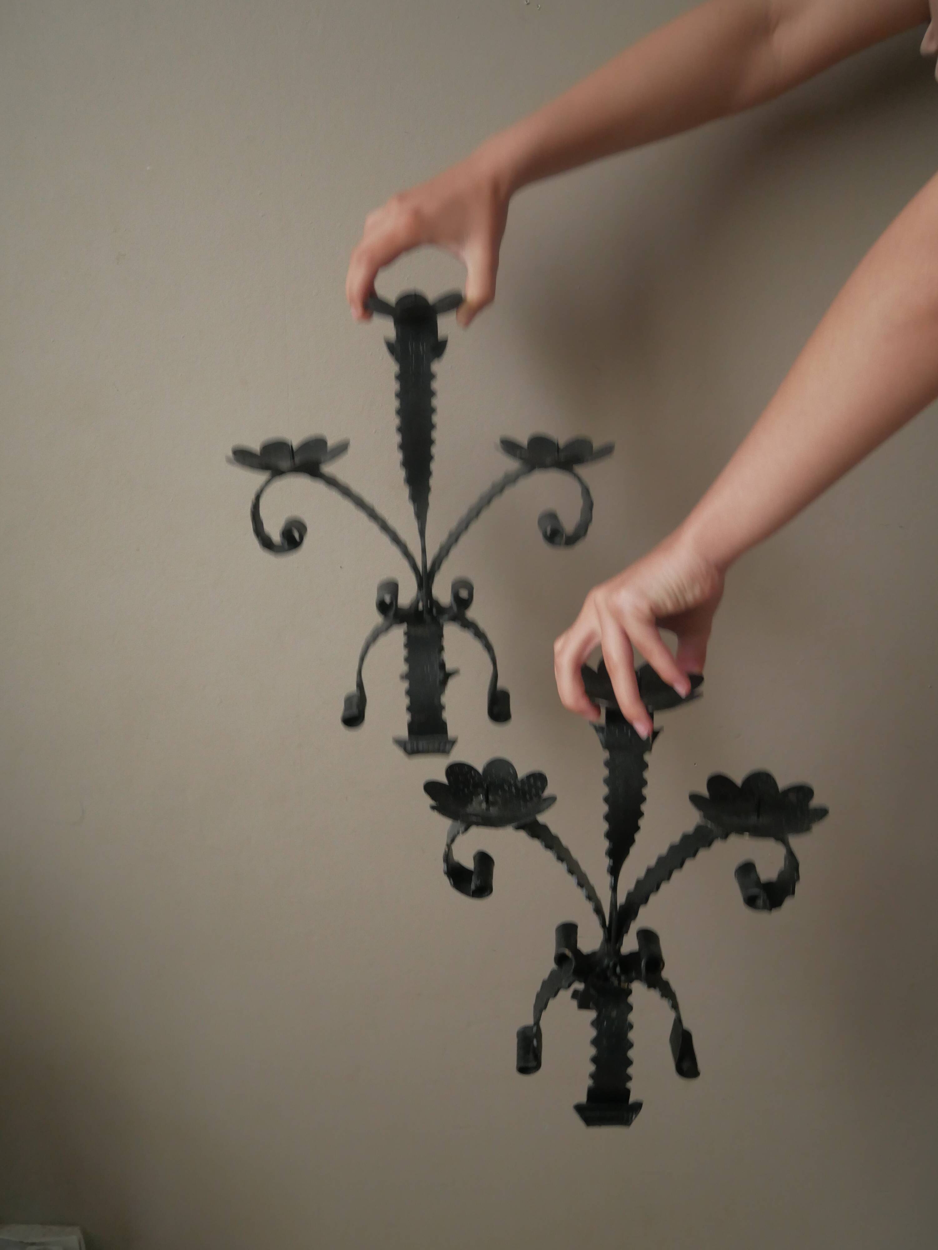 Pair of candelabra candlesticks wrought iron candlesticks handcrafted brutalist decoration