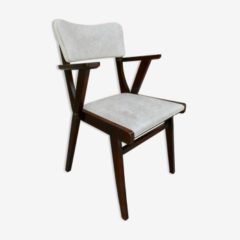 Fauteuil bridge années 50, en bois et Skaï blanc