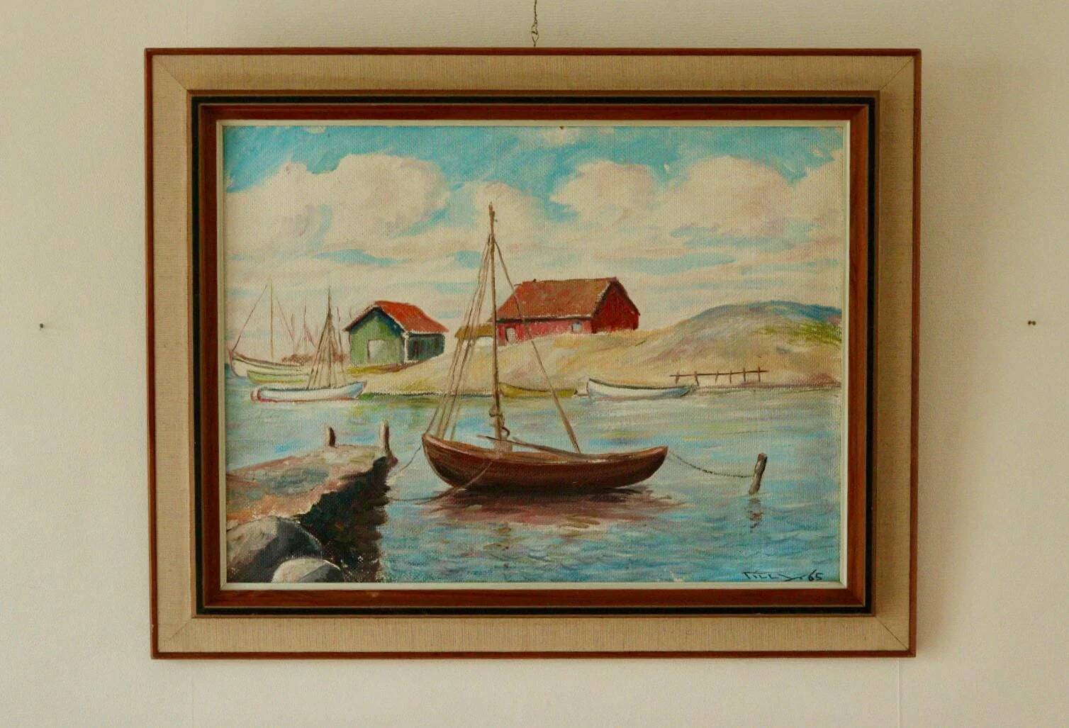 Peinture sur panneau vintage – « Motif bateau et maison »