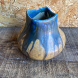 Ancient Vase GILBERT METENIER Beige Stoneware Blue Glazes Vallauris Vintage