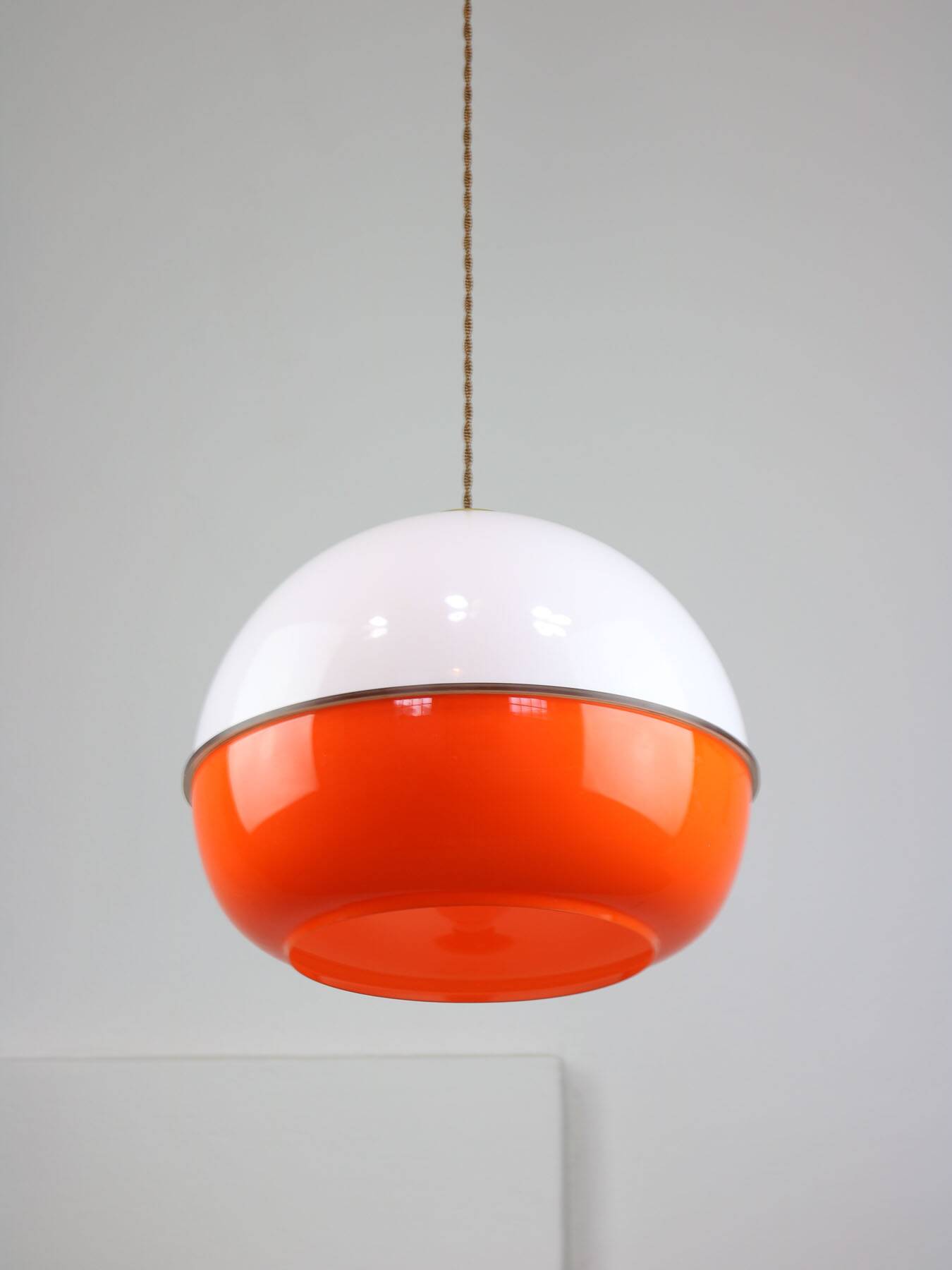 Space Age Italian Orange Plexiglass and Brass Pendant Lamp, 1970s