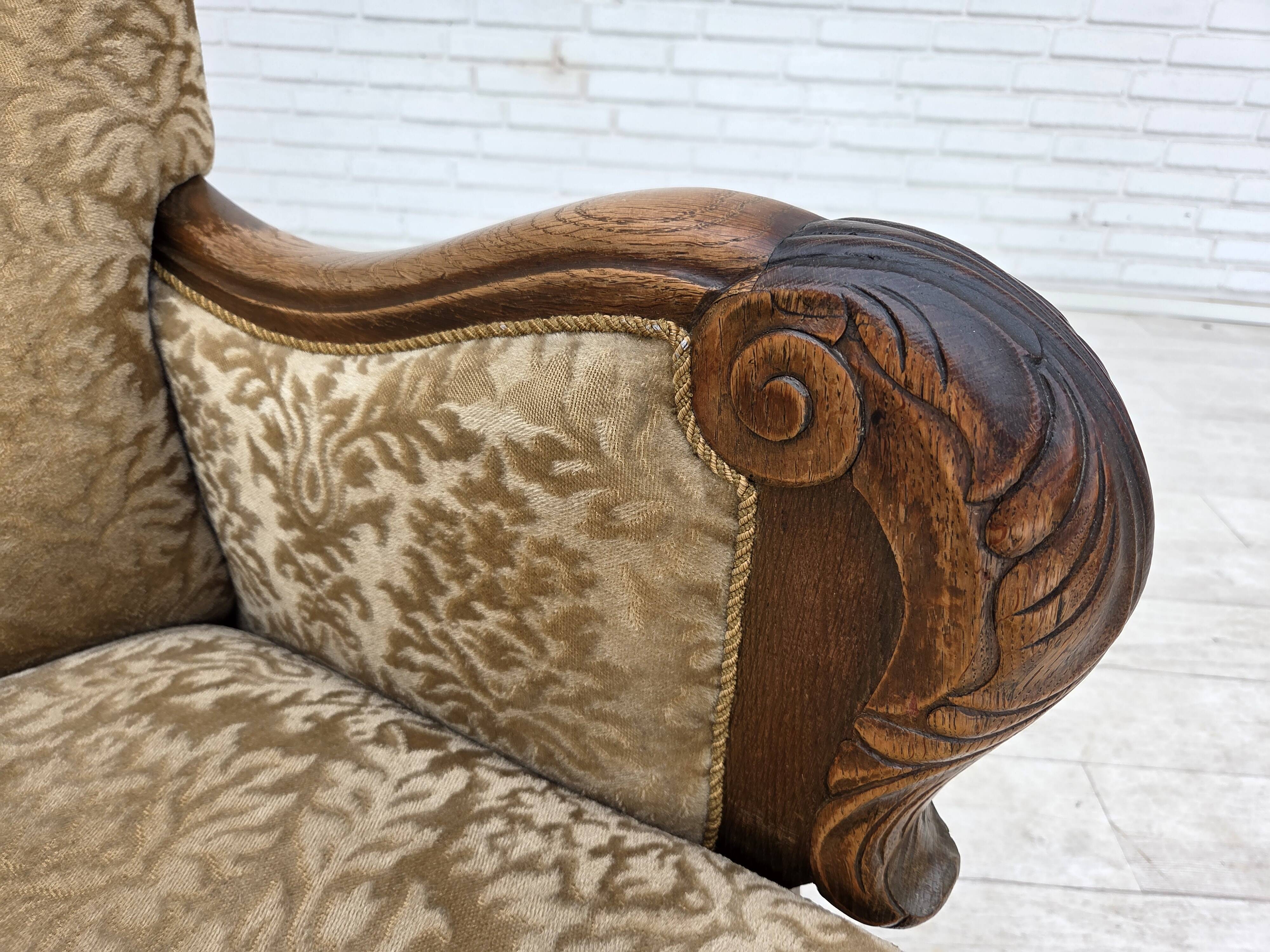 1950s, Danish relax armchair, furniture velour, carved oak wood.
