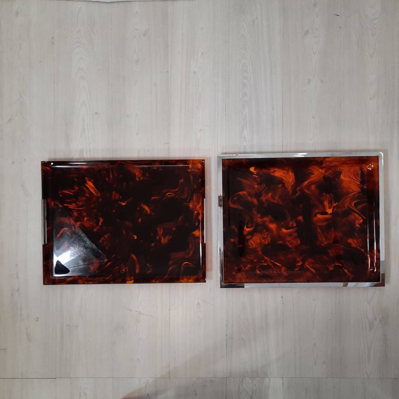 Pair of vintage trays in briar effect lucite