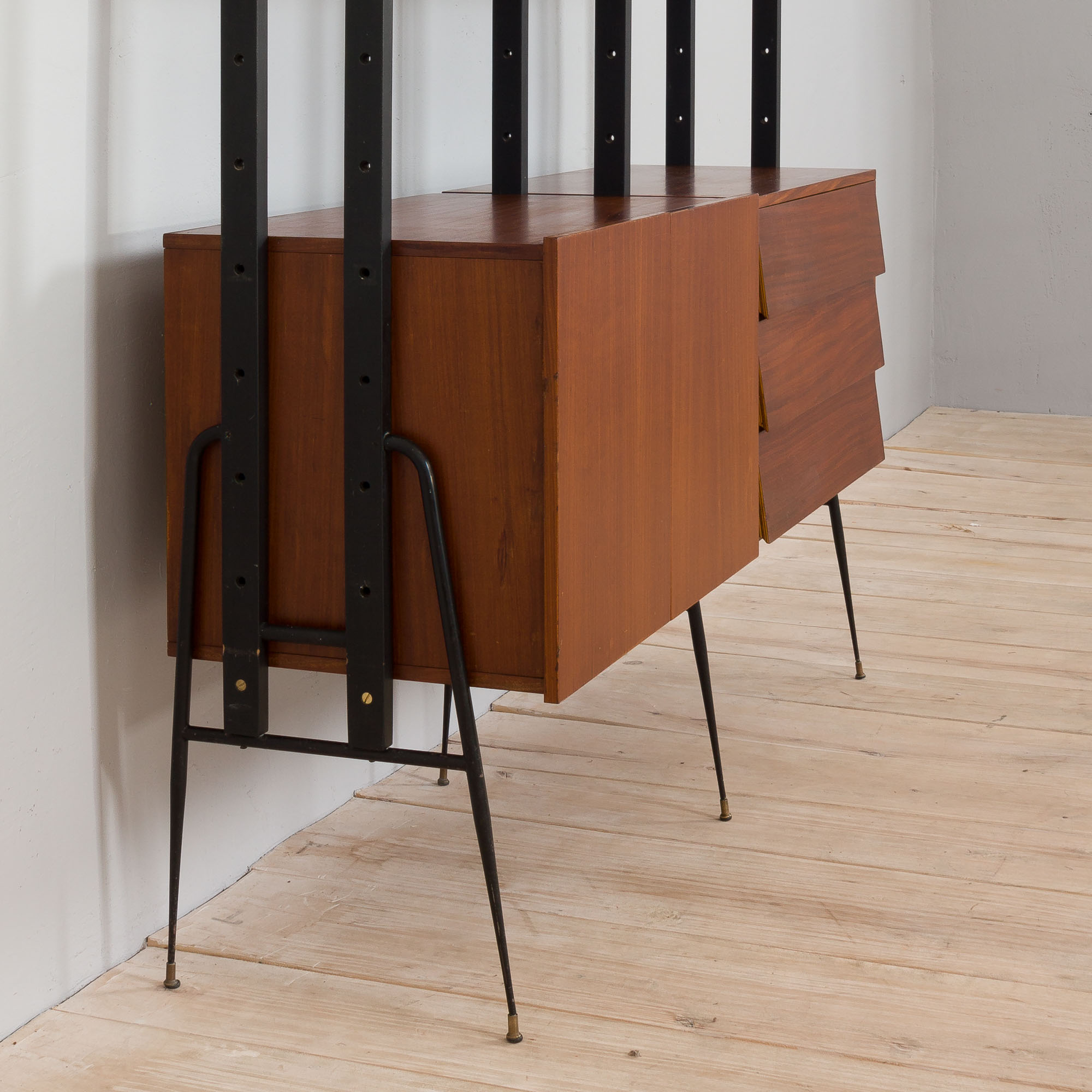 Italian mid century 2 bay teak wall unit free standing, 1960s