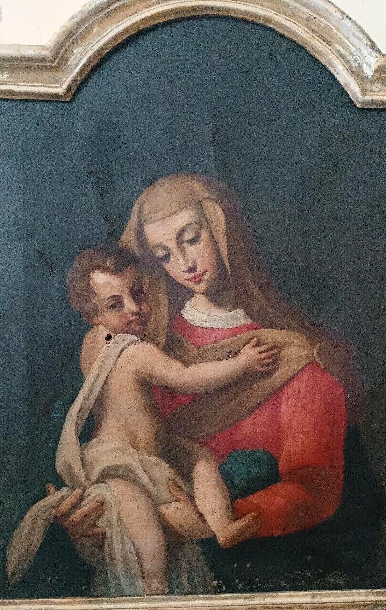 Old oil painting on canvas "Virgin Mary with Child"