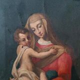 Old oil painting on canvas "Virgin Mary with Child"