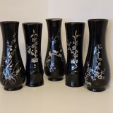 5 Vietnam vases black lacquered wood and mother-of-pearl inlays