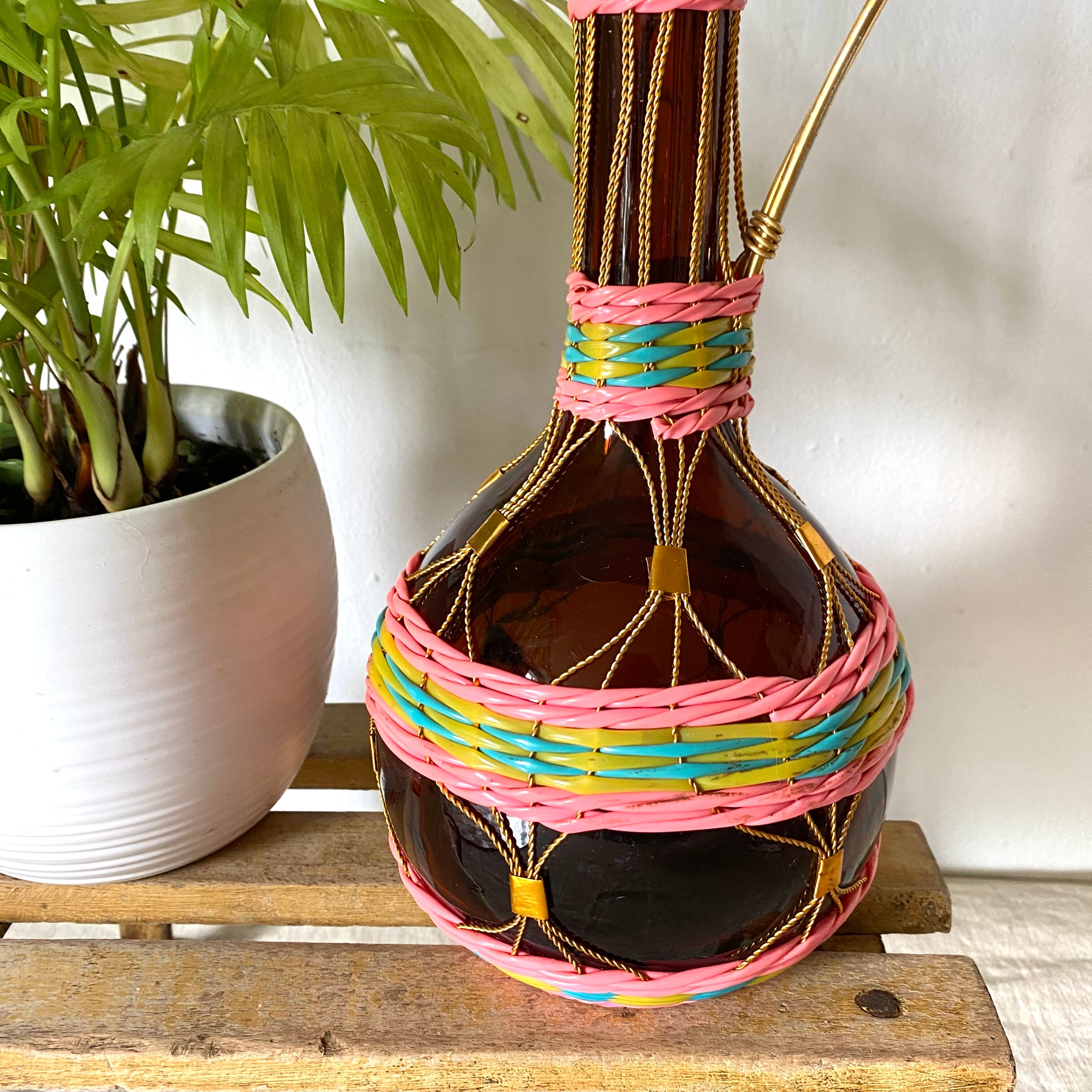 Vintage amber glass bottle scoubidou