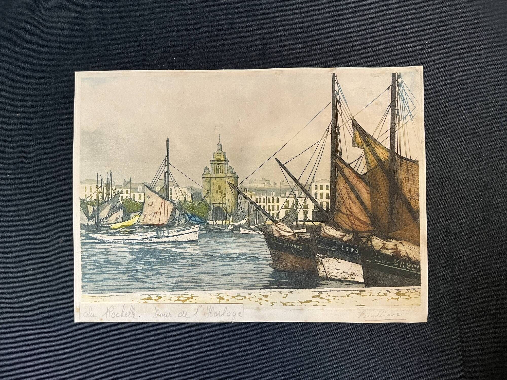 Frédéric Louis Levé, Aquatint Port of La Rochelle framed late 19th century