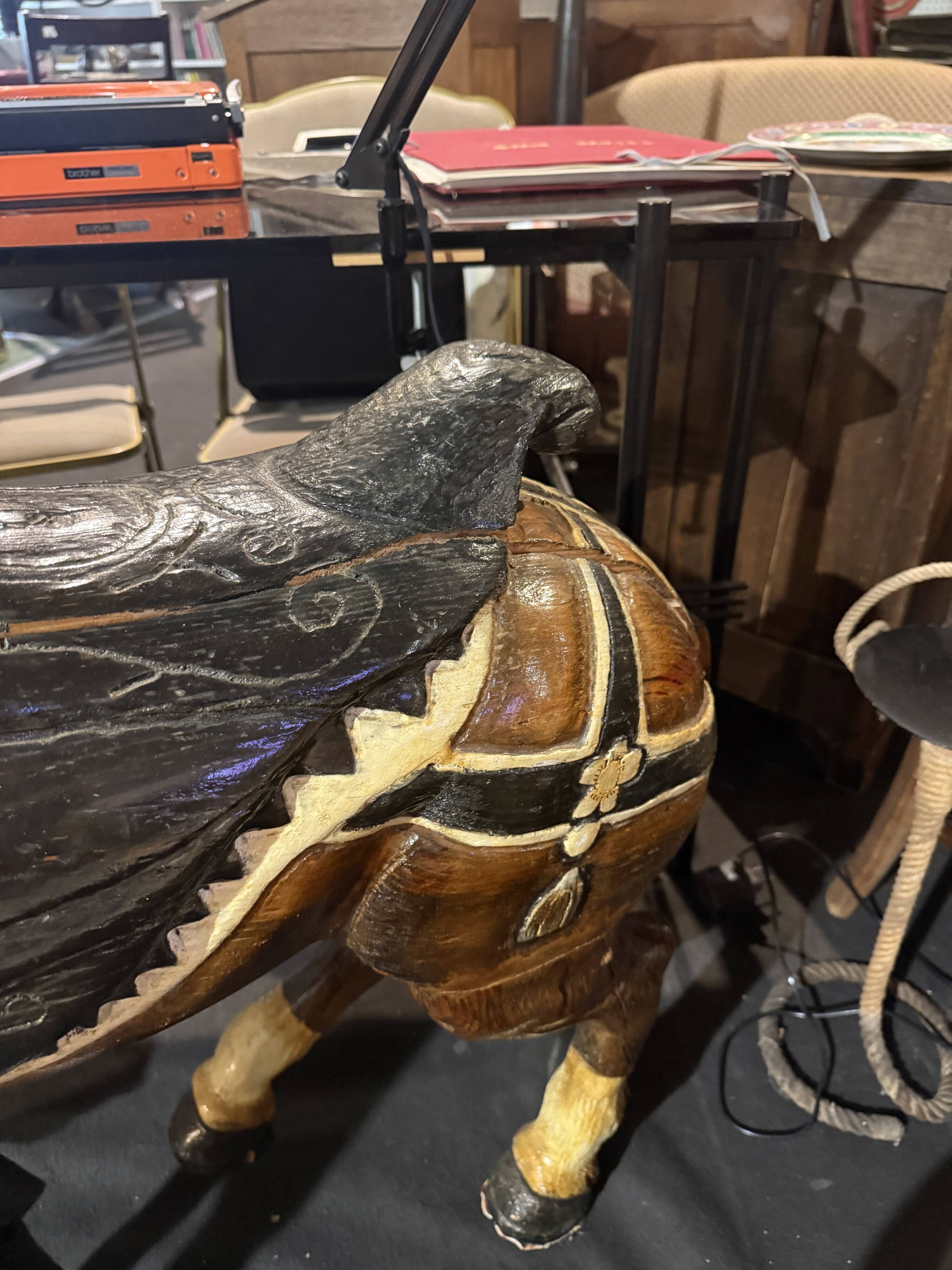 Carousel horse / decorative wooden horse, carved and varnished.