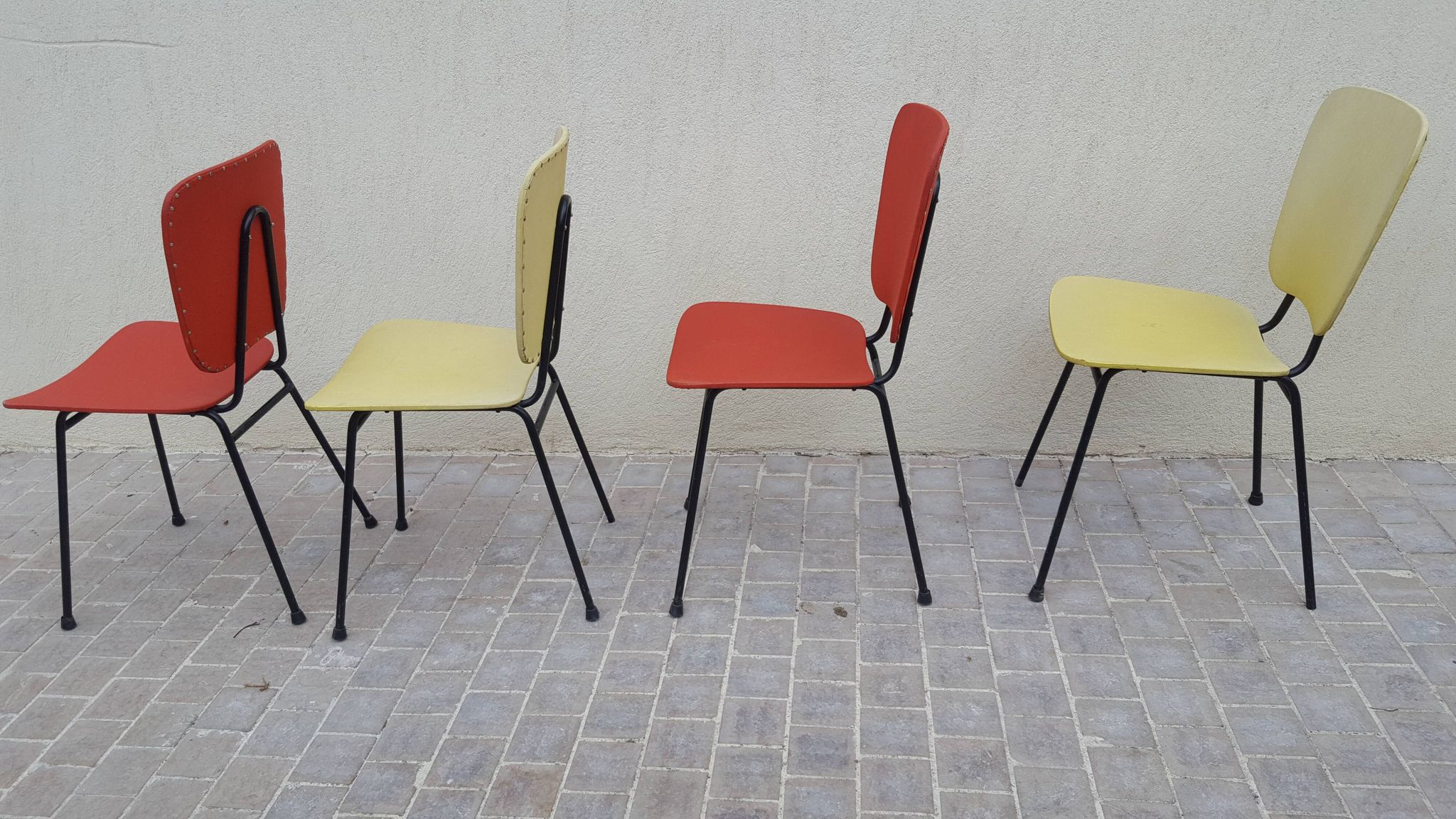 4 vintage metal tubular feet chairs, vinyl seating, skai