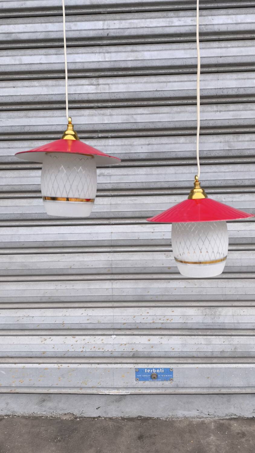 Pair of enamelled sheet metal and glass pendant lights