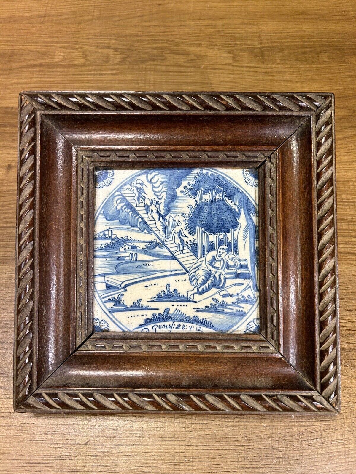 Old Delft tile, eighteenth century, old frame, scene man sleeper, signed