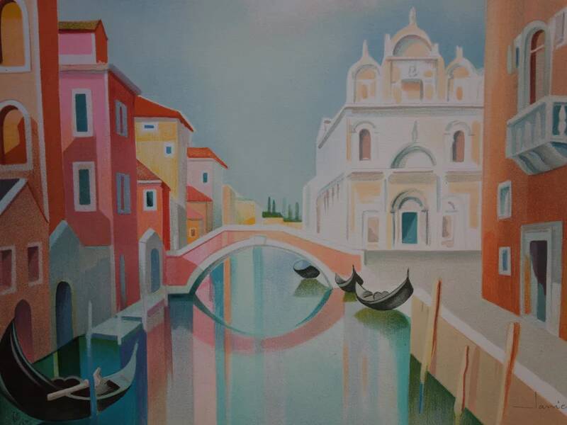Janick LEDERLE: Gondolas in Venice, Original signed lithograph