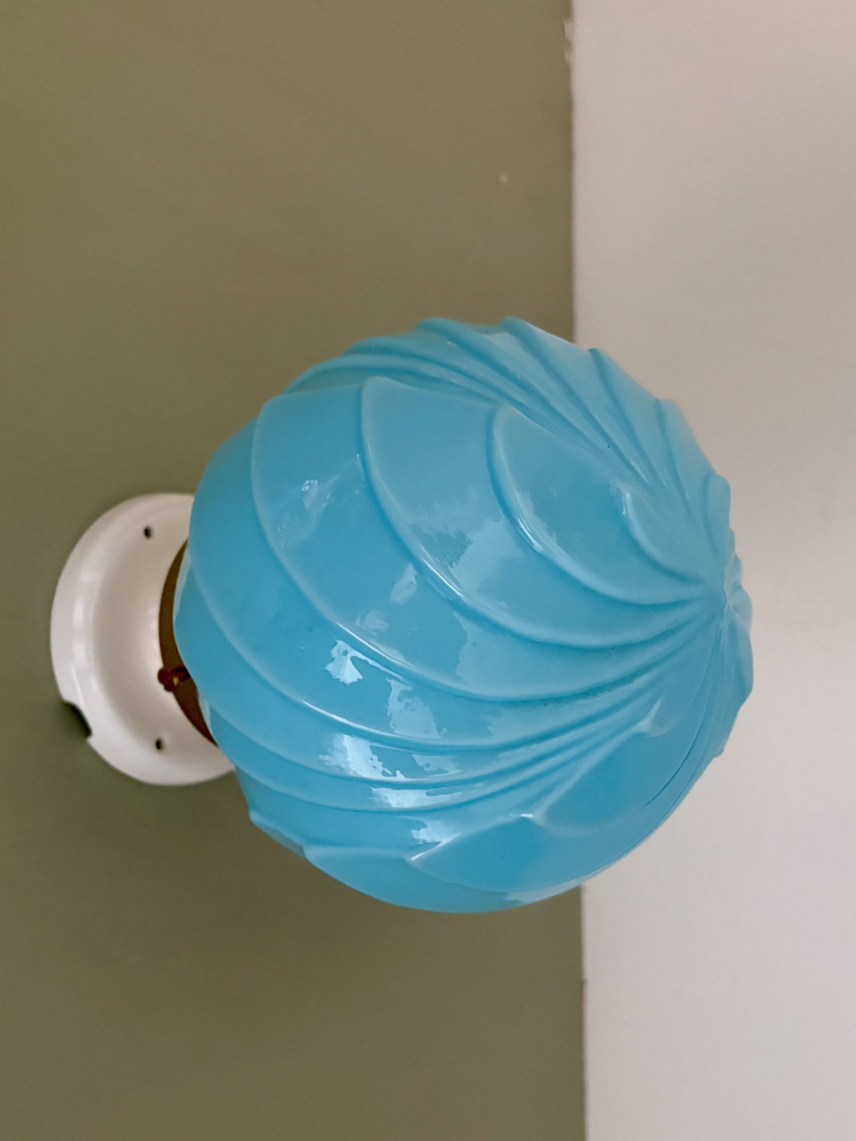 Vintage art deco globe wall lamp in blue opaline