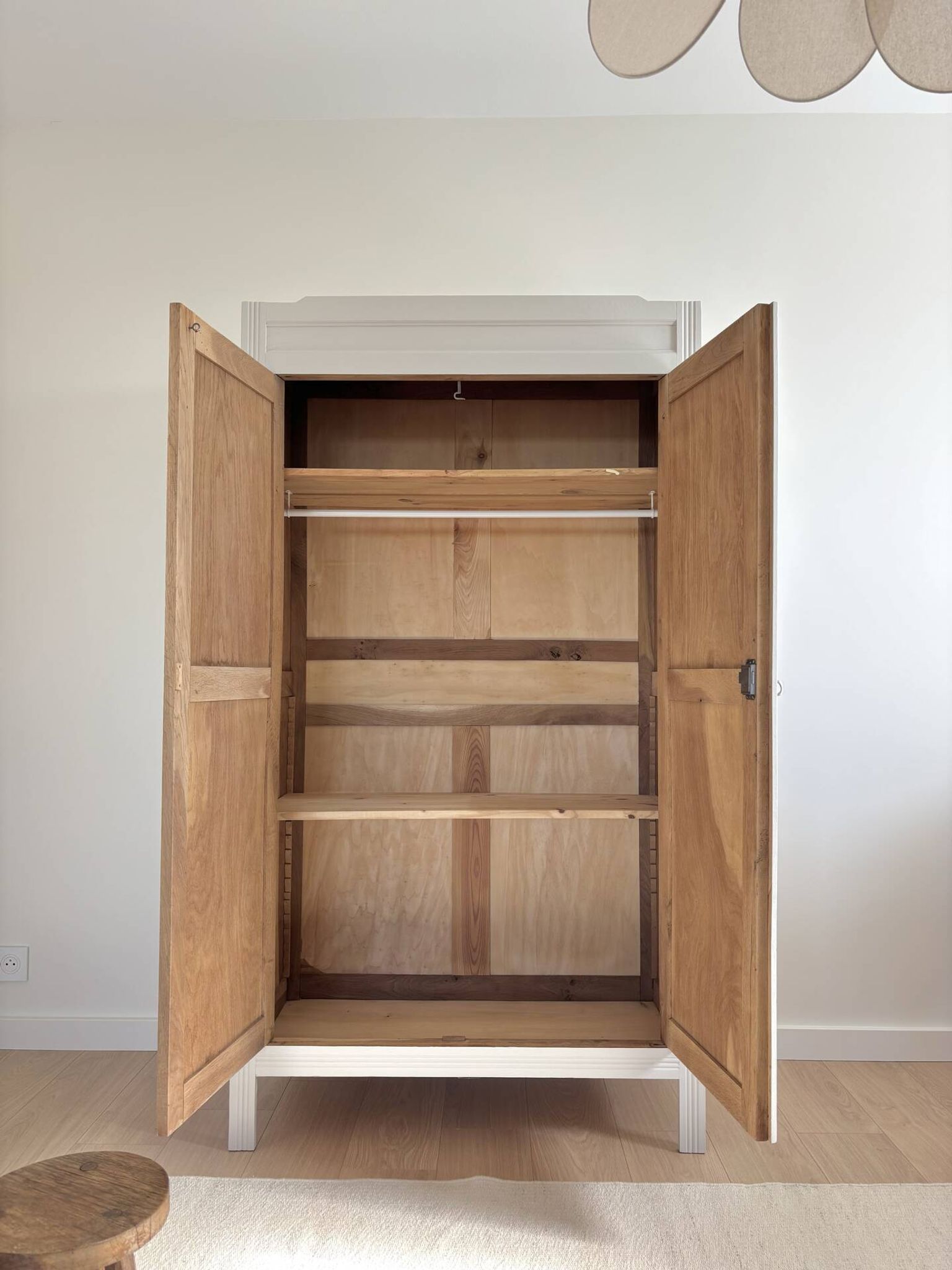 Parisian wardrobe with shelves, renovated oak wood.