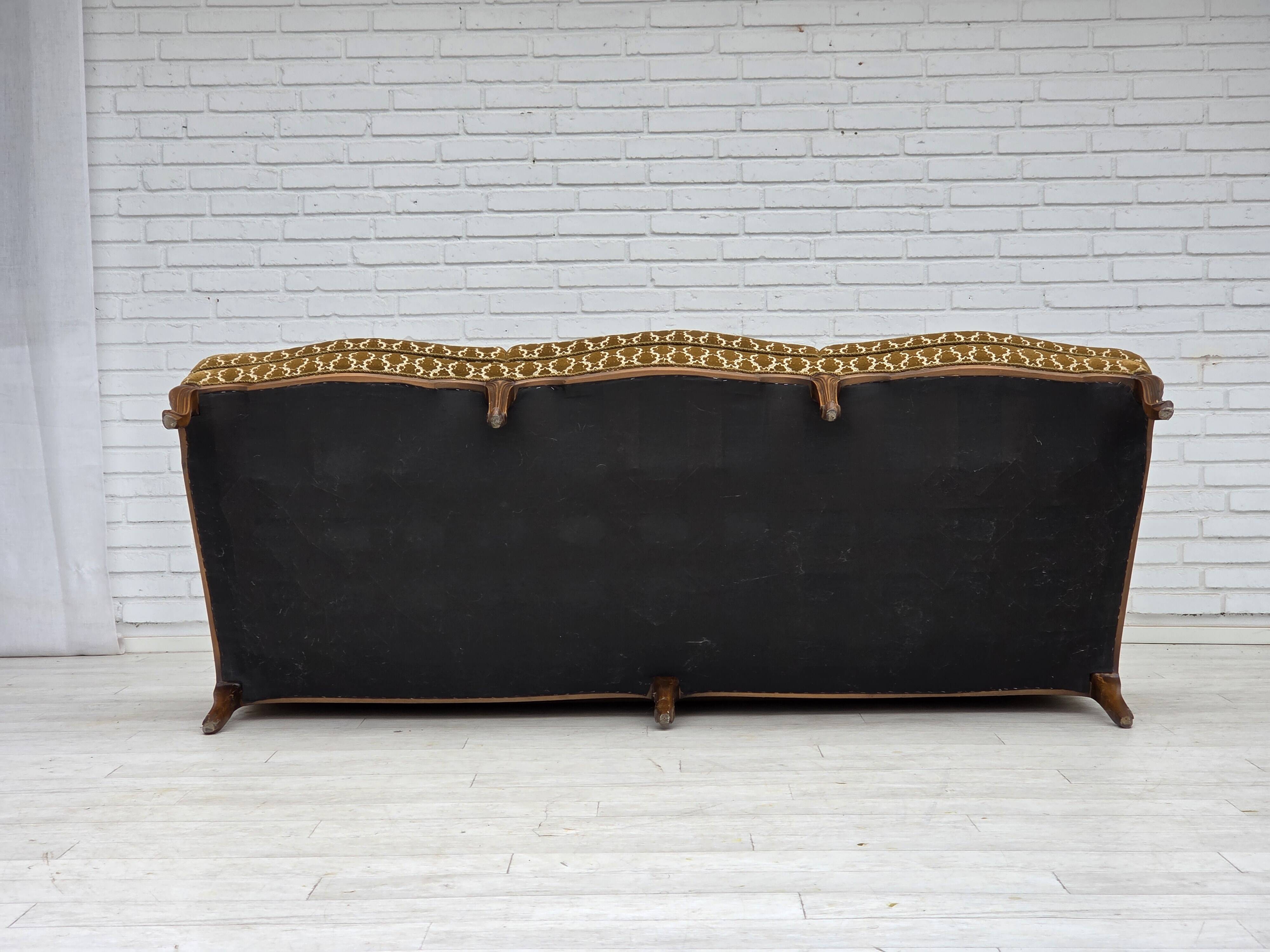 1950s, Danish 3-seater sofa, furniture velour, carved ash wood.