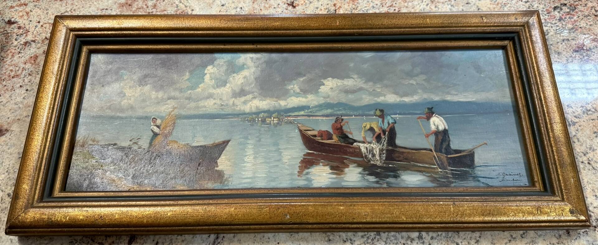 Gabrielle Rainer: oil painting on panel / fishermen