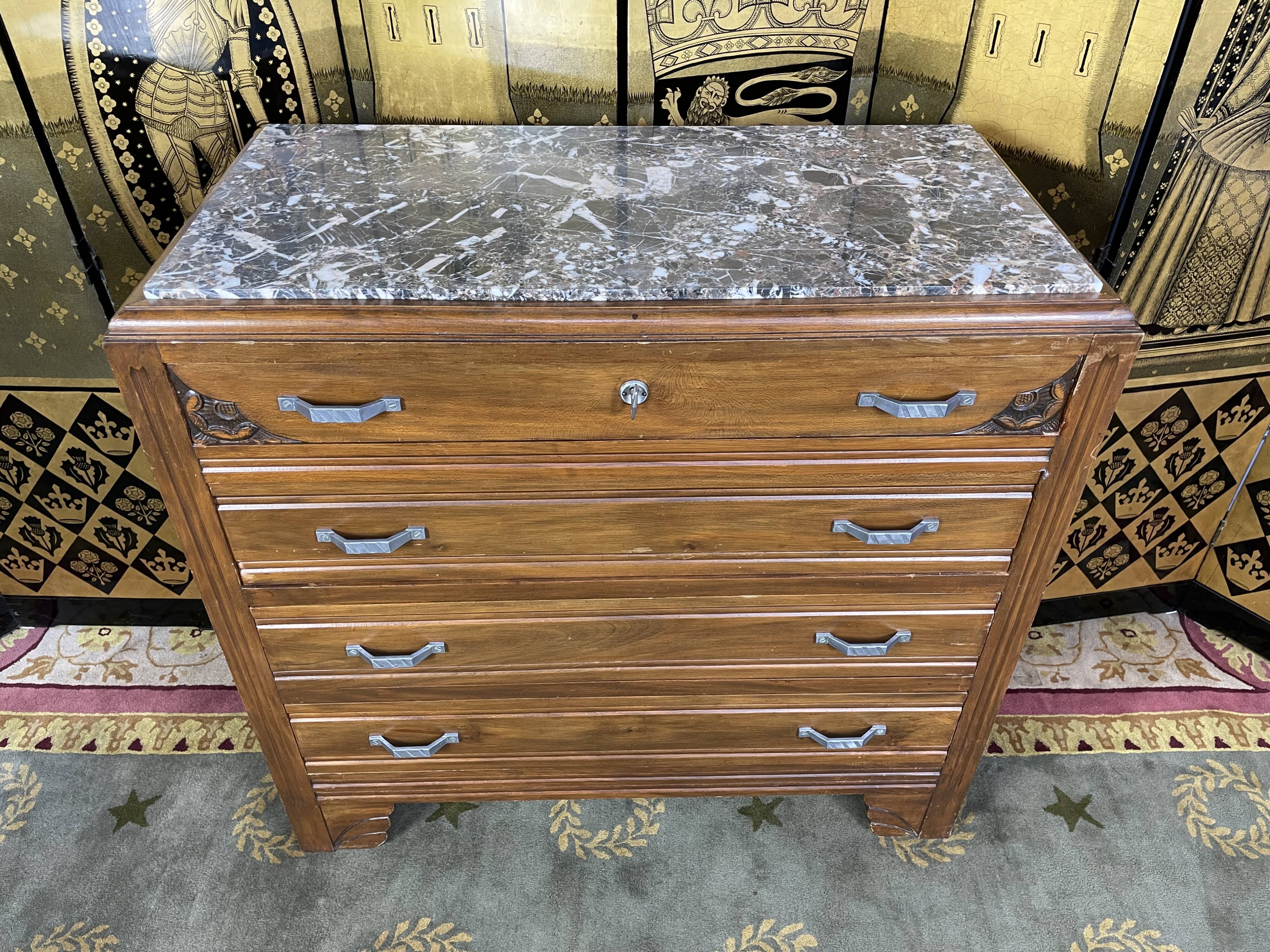 Chest of drawers Art Deco period beech tinted and veined marble
