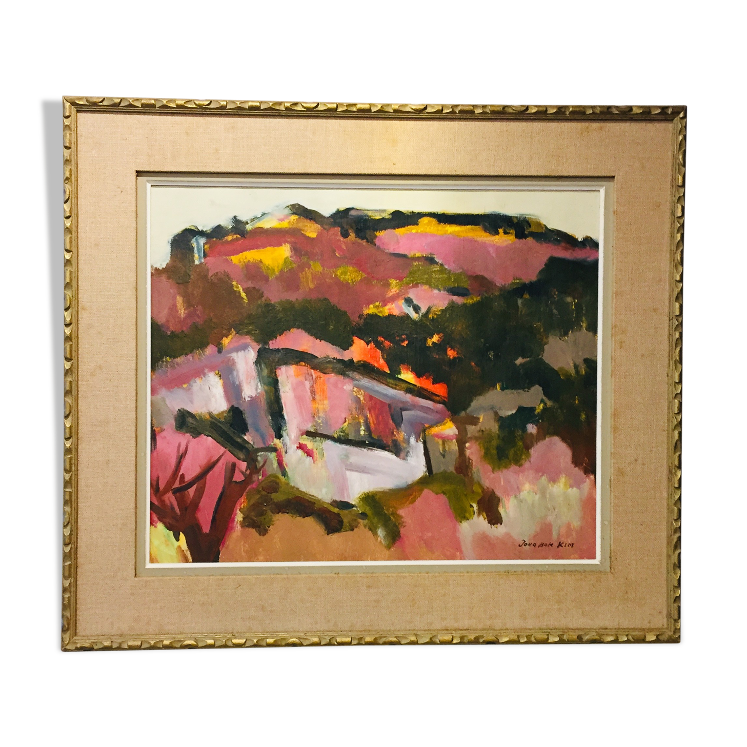 Oil on canvas, abstraction, by Jong Bon Kim, dated 1974