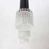 Hanging lamp from teak, steel, and glass
