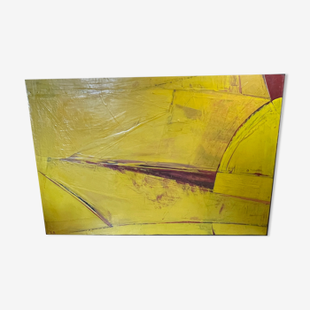 Abstract painting " Abstraction Jaune " by Serge Detriaux, Oil on Panel, 1982