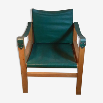 Fauteuil en bois et cuir, années 60