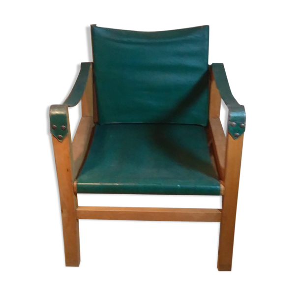 Fauteuil en bois et cuir, années 60
