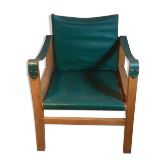 Fauteuil en bois et cuir, années 60