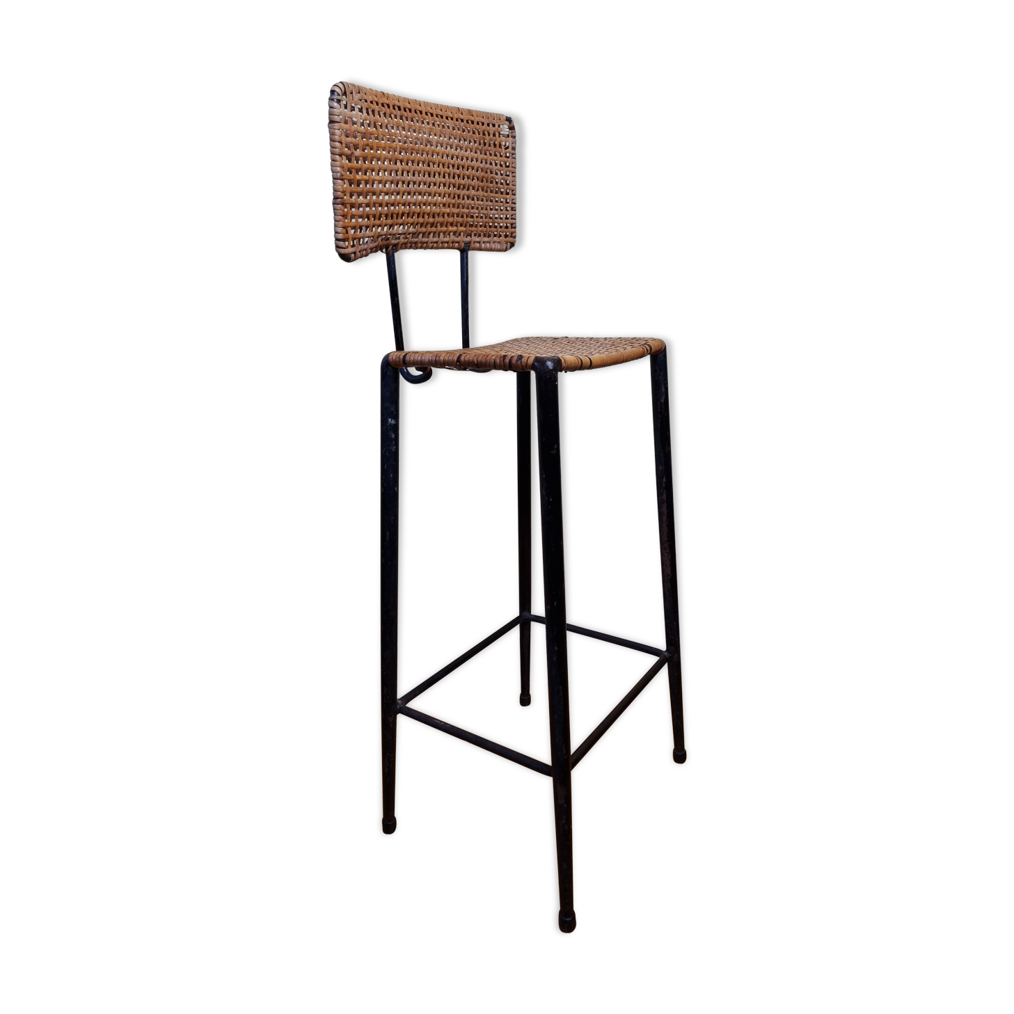 Bar stool in steel and braided wicker, design of the 50s, 92 cm