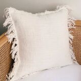 White linen bohemian cushion fringed